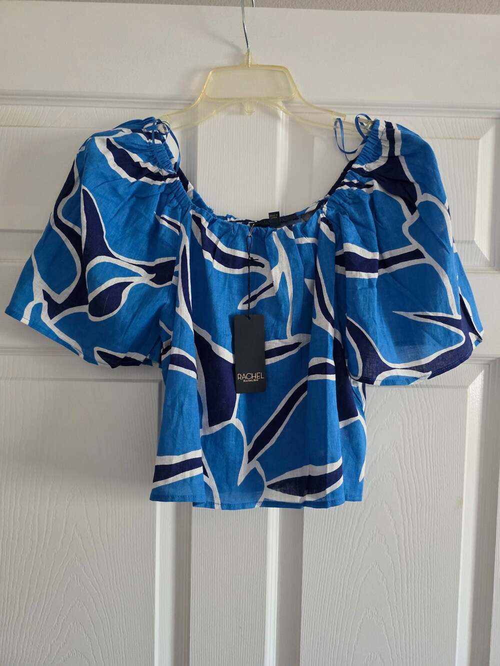 NWT  Rachel Roy Abstract Print Off-Shoulder Puff Sleeve Crop Top - Size XS